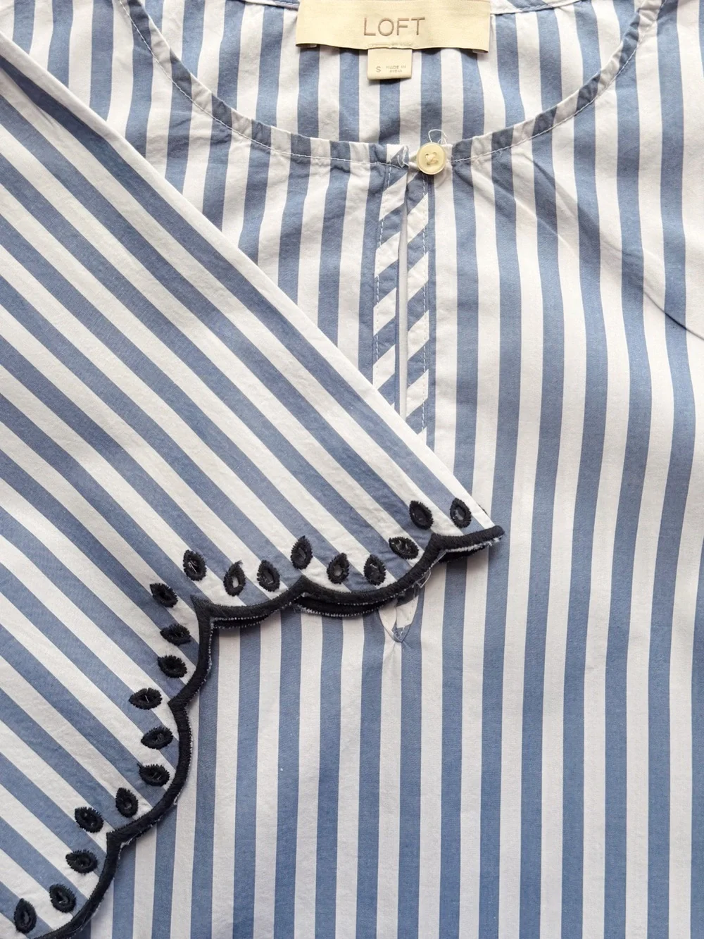 LOFT Blue and White Striped Embroidered Flutter-Sleeve Blouse